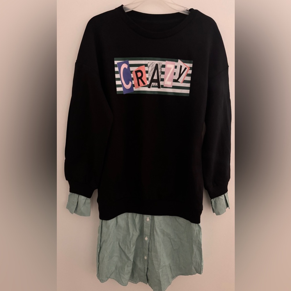 Black Sweatshirt with 'CRAZY' Graphic and Mint Stripe Shirt Hem